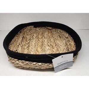 Farmhouse Woven Shallow Basket by True Living Black Cloth Trim 10”x7.25”x2” NWT
